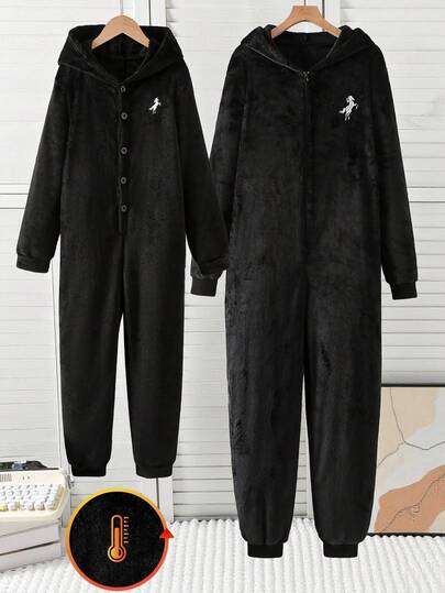Tween Boys Pajamas Set, Fashionable & Cool Black Silhouette Embroidered Spur Flame Retardant Fleece Hooded Long Sleeve & Pants Jumpsuit Sleepwear