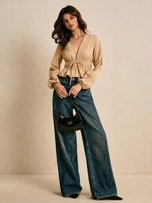 Poéselle Áo sơ mi nữ dài tay cổ chữ V thắt lưng buộc dây đa năng thoải mái - Màu Khaki - Xem 6