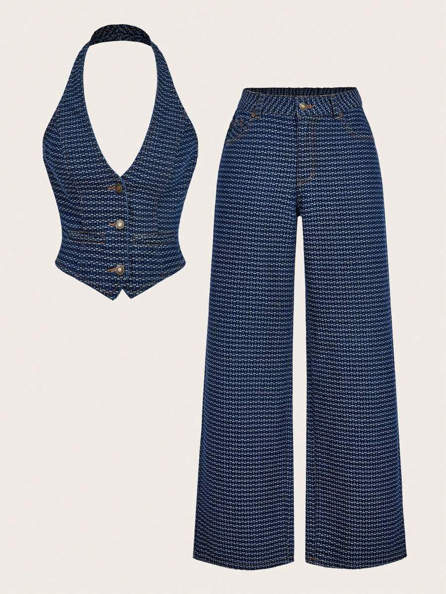 Sweetra Elegant Backless Halter Top And Jeans Pants Suit For Women