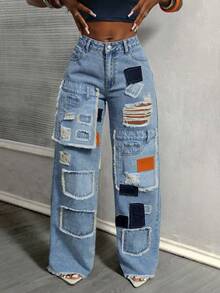 Slaydiva Plus Size Women Cowgirl Style Blue Denim Straight Leg Jeans With Patches, Distressed Hem, Non-Stretch, Spring - Light Wash - View 6