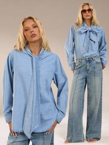 Avantive Denim Tops For Women Bow Shirt Denim Shirt Tie Neck Denim Top Fall Clothes For Women Halloween Winter Clothes Elegant Women's Blouses Dress Shirt Women's Formal Wear Chic Top Women's Blouse Casual Blouses For Ladies Teacher Outfits For Women Back To School Vacation Outfits Woman Office Outfits For Women Work Outfits For Women Social Blouse Bohemian Church Outfits For Women Women's Long Sleeve Blouses Going Out Top Farm Autumn Clothes Fall Clothes For Women - Light Wash - View 7