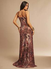 Silquee Vestido evasé sin mangas con estampado de leopardo y superposición de malla, adecuado para citas románticas, fiestas, San Valentín, festivales de música - Multicolor - Ver 2