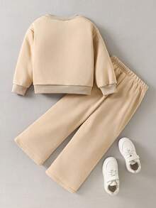 2 件 BASICS 少女休闲百搭舒适宽松圆领长袖运动衫和阔腿针织裤套装 - 杏色 - 查看 2