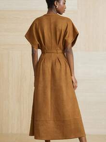 Aveloria Modichic Faux Suede Fabric, Commuter Design, Waist Belt Decor, Fashionable V-Neck Pleated Batwing Sleeve Dress