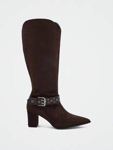 Maija 女式尖头粗跟绒面牛仔靴，修身及膝靴 - 咖啡棕 - 查看 1