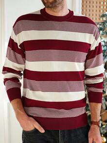 Manfinity Homme 男士圆领长袖落肩条纹休闲百搭针织毛衣，红色条纹毛衣，秋冬 - 彩色 - 查看 1