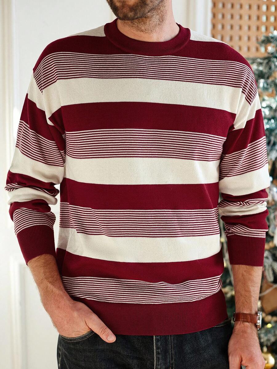 Manfinity Homme 男士圆领长袖落肩条纹休闲百搭针织毛衣，红色条纹毛衣，秋冬 - 彩色 - 查看 1