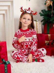 SHEIN Young Girl' Christmas Reindeer Cute Party Celebration Sweater Set Fall Winter - Red - View 4