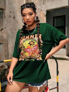 Flirla 夏季大码蝴蝶和字母图案落肩 T 恤 - 墨綠色 - 查看 5