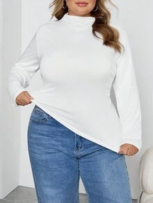 SHEIN CURVE+ Áo thun tay dài màu đen trắng cổ bẻ viền bất đối xứng 2 chiếc/bộ - Đen và trắng - Xem 10