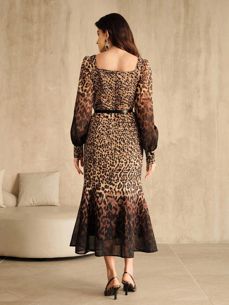Vestido de manga larga con cintura ceñida, adornado con estampado de leopardo y cristales, elegante y apropiado para otoño, verano, elegante, chic, casual