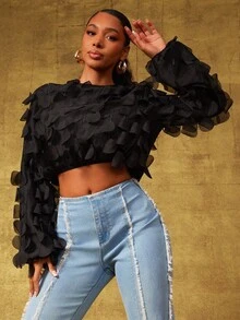 Vixey Black Chiffon Circle Applique Long Sleeve Top