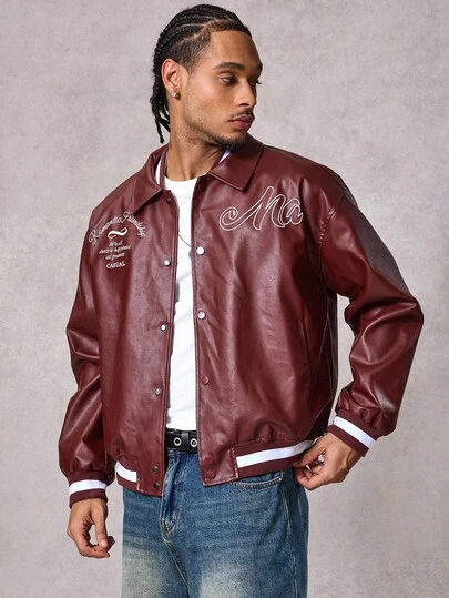 DAZY Autumn/Winter Letter Embroidery Contrast Color Ribbed PU Leather Fabric Street Style Men Jacket And Coat