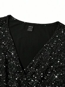 Ellevyn 女式 V 领针织弹力修身闪亮灯笼袖收腰修身黑色直筒裤，秋冬季长袖连体裤，适合万圣节 - 黑色 - 查看 13