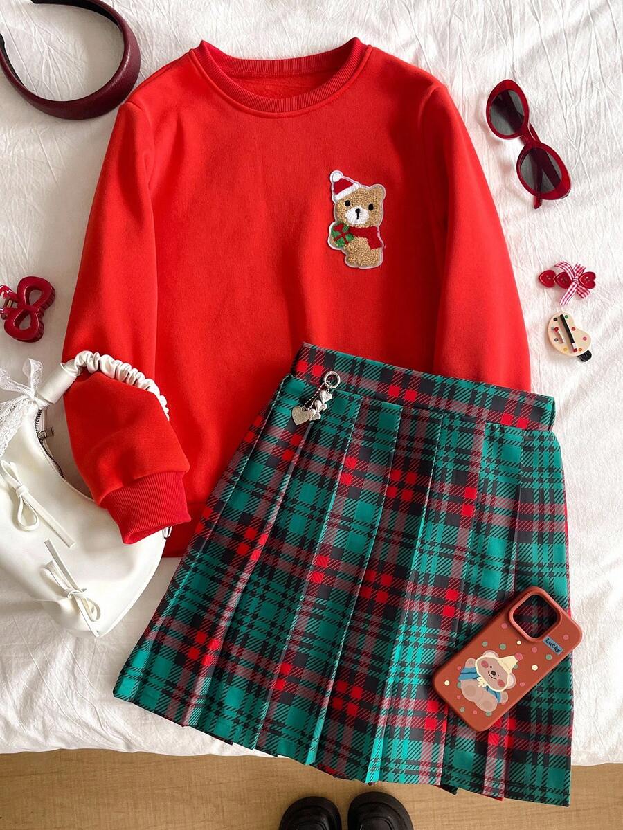 Girls Sweatshirt Set,Cute Autumn Red Sweatshirt With Bear Graphic & Green Plaid Pleated Skirt,Fashionable School Outfits For Daily Wear,Shopping - Multicolor - View 1