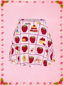 Strawberry Shortcake X SHEIN Fall And Winter Pink Sweet And Cute Style Strawberry Cherry Jam Custard The Cat Berry Bitty City Pupcake The Dog Berrykins The Sweet Sweet Berry Pattern Stretch Skirt Best Friends - Pink - View 1