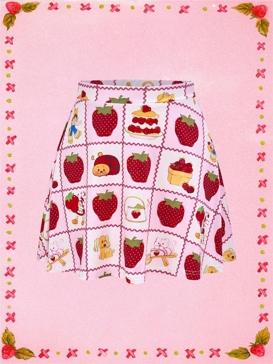 Strawberry Shortcake X SHEIN Fall And Winter Pink Sweet And Cute Style Strawberry Cherry Jam Custard The Cat Berry Bitty City Pupcake The Dog Berrykins The Sweet Sweet Berry Pattern Stretch Skirt Best Friends - Pink - View 1
