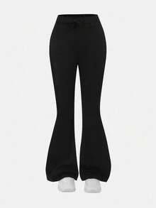 Girlism 青少年女孩休闲日常纯色抽绳喇叭腿运动裤 - 黑色 - 查看 2