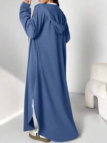 Al Najma 女士休闲纯色抽绳连帽长款阿拉伯长袍，春秋季，休闲穆斯林服装长款运动衫长袍，适合日常休闲/返校/旅行 - 霧霾藍 - 查看 2