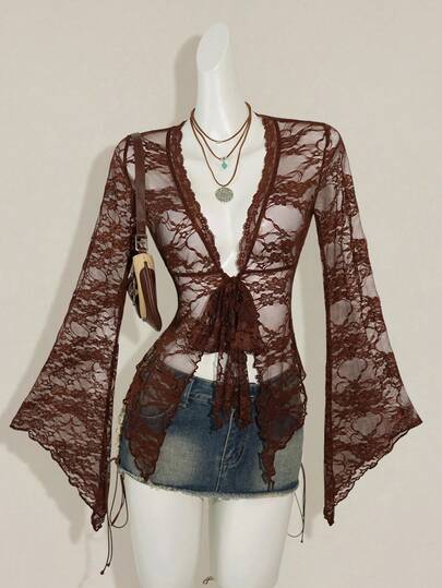 SHEIN ICON Y2k Women's Western Country Concert Boho Hippie Goth Sheer Brown Sexy Lace Twist Front Long Sleeve Cardigan