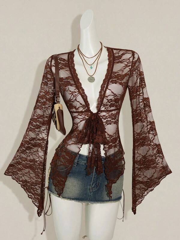 SHEIN ICON Y2k Women's Western Country Concert Boho Hippie Goth Sheer Brown Sexy Lace Twist Front Long Sleeve Cardigan