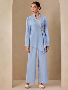 Graceveil Women's Blue & White Striped Long Sleeve Loose Casual 2 Pieces Set - Blue and White - View 4