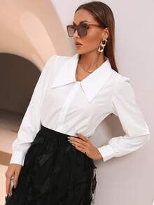 Aidyla Camisa casual de mujer de unicolor con cuello vuelto y botones delanteros, para primavera/verano - Blanco - Ver 6