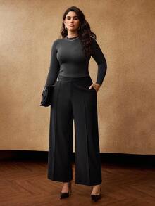 MOTF PREMIUM PLUS SIZE WOMEN'S SOLID MINIMALIST STRUCTURED DESIGN SEAM FRONT WIDE LEG PANTS - Black - View 6