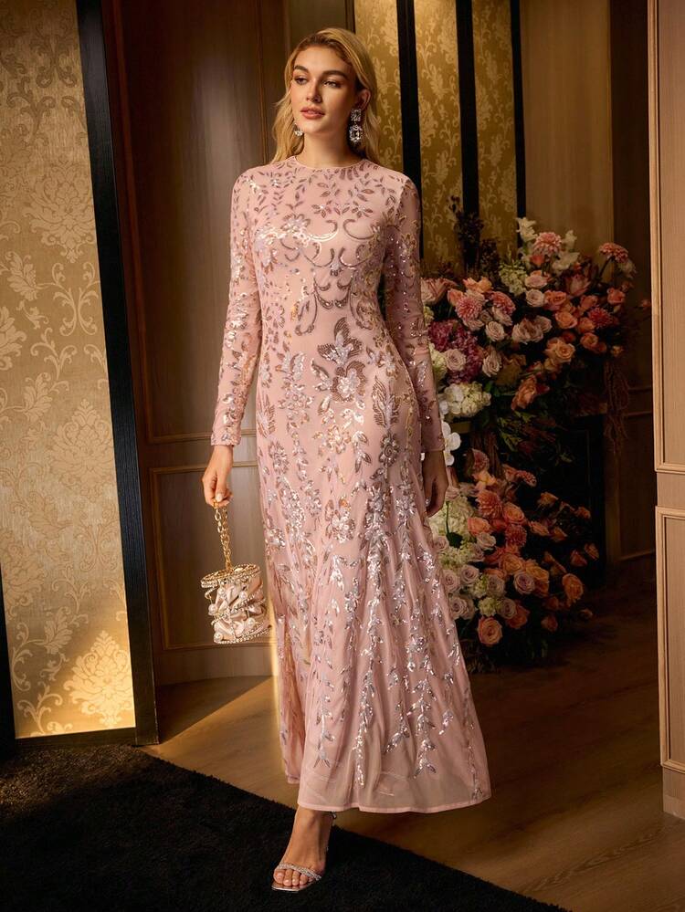 MOTF Soiréza WOMEN'S SEQUINS EMBROIDERED ELEGANT LONG SLEEVE MERMAID HEM EVENING PROM DRESS