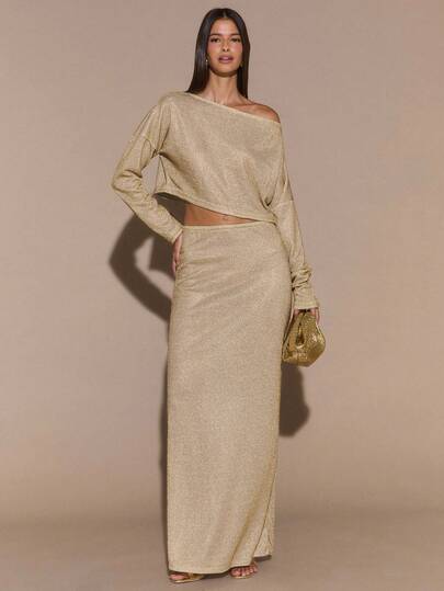 SHEIN BAE Cubierta de hombro oblicua de manga larga de punto con brillo metálico dorado/plateado en unicolor, elegante parte superior de cubierta para fiesta de cóctel, club, celebración de vacaciones de chica cool Y2K, vacaciones