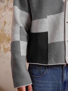 SWAVVY Men's Autumn Casual Collegiate Style Patchwork Pattern V-Neck Button-Up Cardigan, For Fall Winter - Grey - View 7