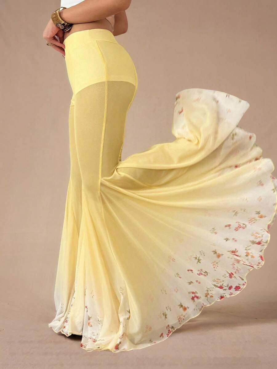 SHEIN ICON Quần ống loe in họa tiết ren gradient ngọt ngào và quyến rũ dành cho nữ có cạp siêu thấp - Màu vàng - Xem 1