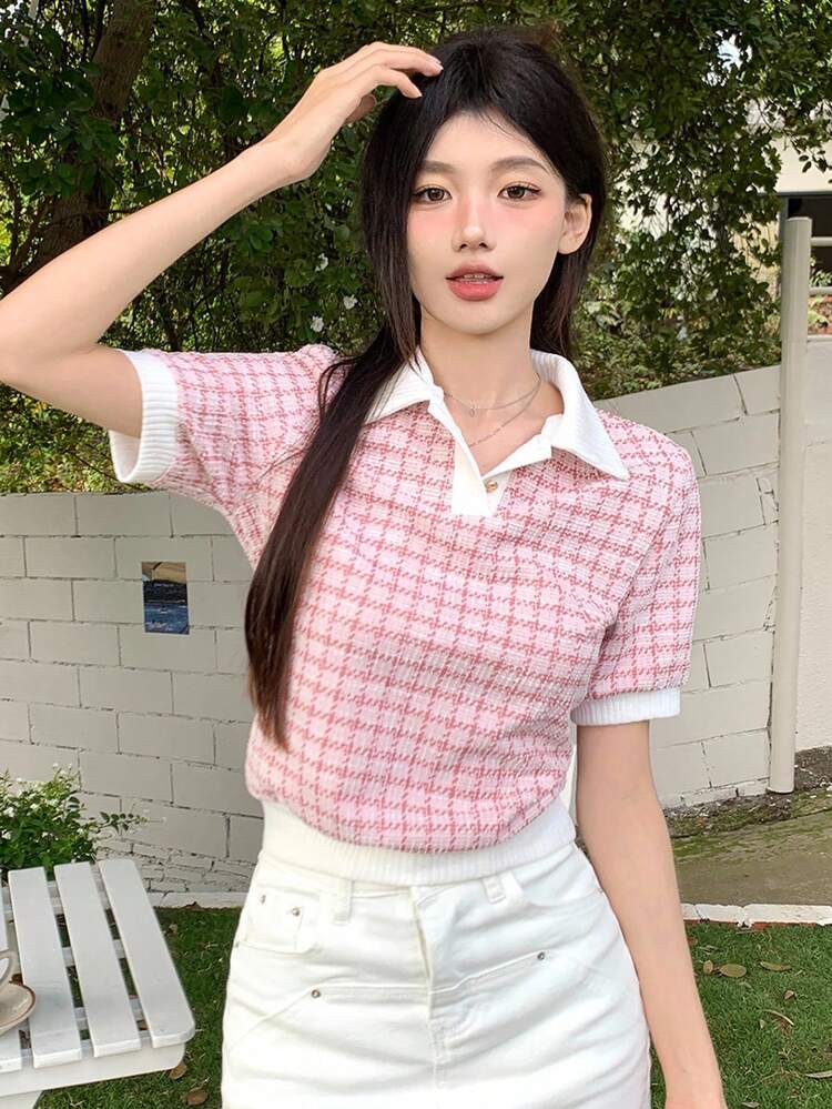 Colorblock Polo Collar Short Sleeve T-Shirt With Decorative Trim Plaid