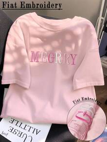 EMERY ROSE Plus Size Letter Embroidery Casual Round Neck Short Sleeve T-Shirt, Summer - Pink - View 3