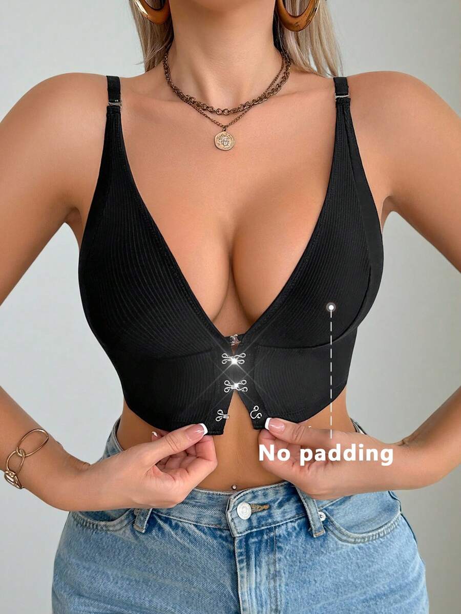 SHEIN 女士前扣无钢圈文胸 - 舒适露背设计,无衬垫,可调节肩带,优雅黑色蕾丝花边,适合休闲或正式穿着,正式穿着文胸 | 露背文胸 | 舒适贴合 - 黑色 - 查看 1