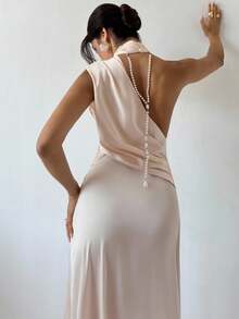 Firerie Women's Casual Elegant Backless Pearl Chain Dress / Imitation Silk Material Satin Texture / Carnival Party Season / Party Outfit / Wedding Guest Dress / Prom Dress / Party, Date, Coming Of Age Ceremony / New Year Dress / Shiny Dress / Champagne Dress / Luxury Evening Dresses For Women