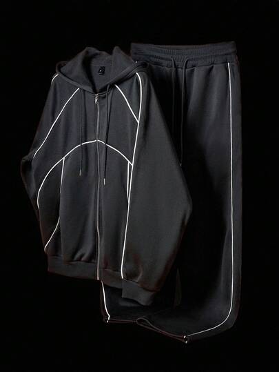 Manfinity Campus Court 2pcs Men's Zip-Up Hoodie And Drawstring Pants Set , Mens Jogging Set , Mens Sweatsuit  , Men 2 Piece Set Black , Mens Tracksuit , Sport Men Cargo Set