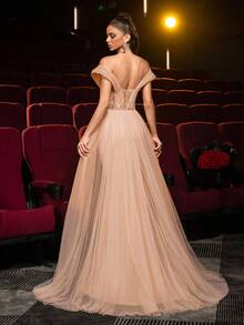 Glamrae Elegant Luxurious Beaded & Sequin Floral Off Shoulder Sleeve Design Mermaid Maxi Dress With Flared Hem, Suitable For Weddings, Parties, Vacations, Galas, Formal Events (Heavy Embellishment)S For Gala Night Gown - Champagne - View 4