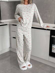 EURMUSE 加大码 2 件可爱心形图案家居服可爱睡衣套装 - 彩色 - 查看 4