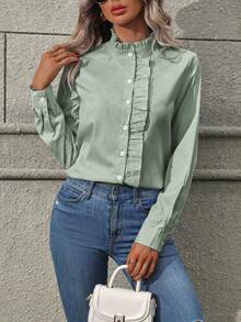 EMERY ROSE Women's Ruffle Collar Long Sleeve Striped Single-Breasted Casual Shirt - Dark Green - View 1