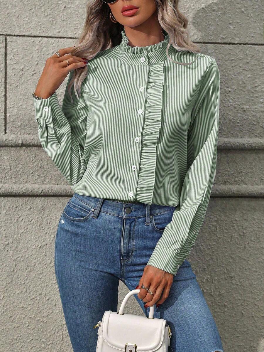 EMERY ROSE Women's Ruffle Collar Long Sleeve Striped Single-Breasted Casual Shirt - Dark Green - View 1