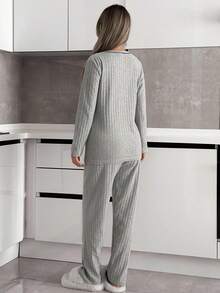 EURMUSE Women Rib Knit With Contrast Colour Stitch Detail Lettered Homewear Lounge Set For Ladies - Grey - View 2