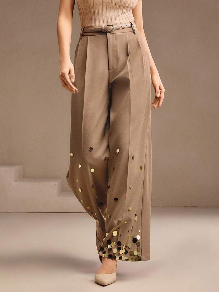 High Waist Straight Leg Pants With Gradient Handmade Beaded Trim And Pockets, Suitable For Autumn, Fall, Winter, Going Out, Elegant, Formal, Chic, New Year, Christmas, Work, Graduation