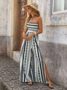 Brillora Women's Geometric Print Wide Leg Romper For Vacation - Black and White - View 3