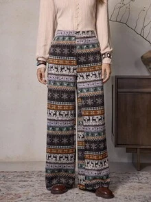 LanaWest Women's Unique Pattern Loose Draping Thick Fleece Palazzo Pants, Christmas - Multicolor - View 3