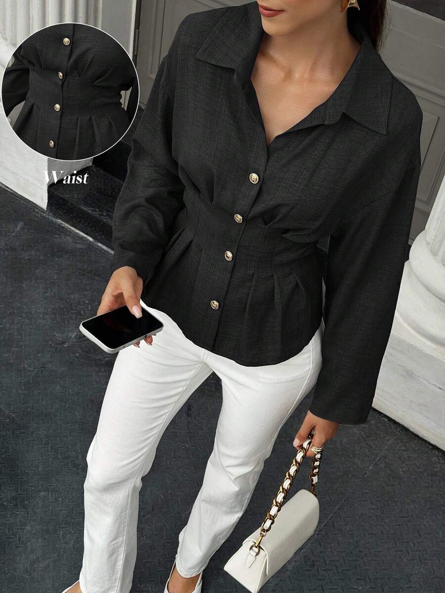 EMERY ROSE Women's Casual Solid Color Waist Cinched Button-Down Long Sleeve Shirt