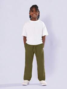 SUMWON 亚麻舒适抓绒慢跑运动裤，休闲抽绳腰直筒经典款，带侧袋，温暖冬季必备，秋季时尚日常穿着 - 軍綠色 - 查看 3