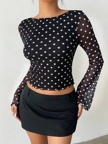 MainGRL Women's Autumn New Polka Dot Mesh Backless Flare Sleeve Long Sleeve T-Shirt See Through Top Backless Shirts Long Sleeve Sheer Top Polka Dot Top Open Back Tops