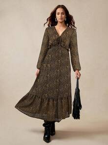 Florisole 女式优雅休闲佩斯利花纹荷叶边下摆长袖收腰连衣裙 - 咖啡 - 查看 3