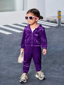 SHEIN Babygirl 天鹅绒长袖连帽夹克和松紧腰裤套装，时尚可爱 - 紫色 - 查看 3